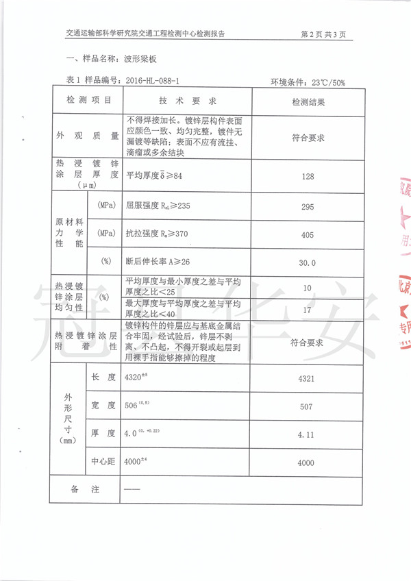 三波镀锌波形护栏检测报告